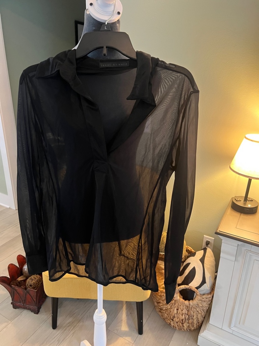 Sheer Black Collared Blouse - no material or size tag. View measurements please